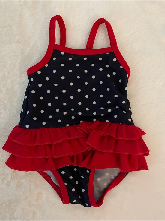 Carters Other - Carters Infants Navy Polka Dot Ruffle One-Piece Swimsuit - Red Trim SZ 3 months